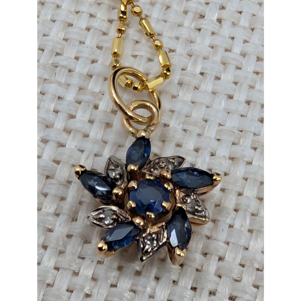 Solid 14K Gold Natural Blue Sapphire & Diamond Flower Pendant Necklace 585 Italy - Picture 4 of 16